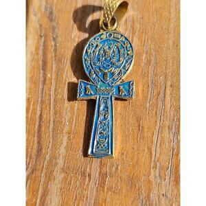 Handmade Egyptian Ankh Pendant – Blue Enamel, God Ra & Amun Scene, Brass
